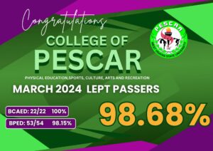 KUDOS to the WVSU College of PESCAR Main Campus for an excellent performance in the March 2024 Licensure Exam for Teachers